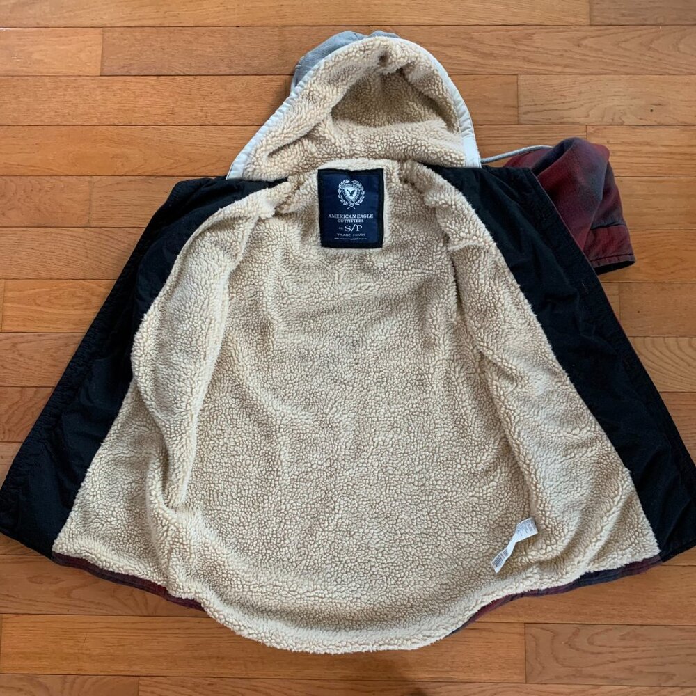 American‎ Eagle Mens S Plaid Sherpa Lined Full Button Jacket Hooded Y2K - Picture 3 of 8